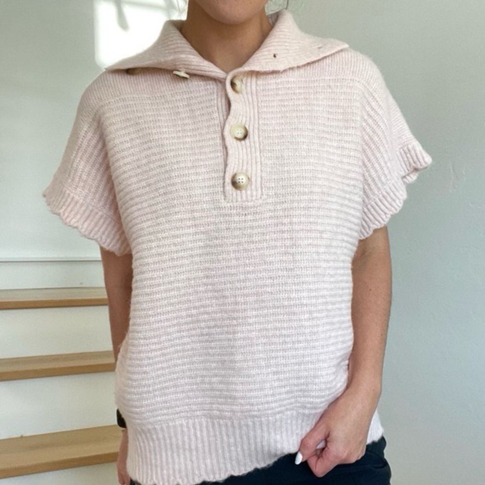 FRNCH Nely Cap Sleeve Pink Textured Knit button Henley Sweater